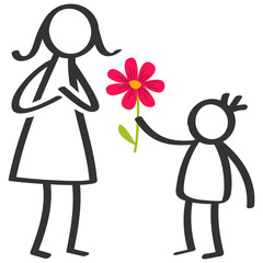 Simple stick figures family, boy giving flower to mother on Mother's Day, birthday isolated on white background
