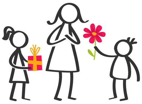 Simple stick figures family, children giving flowers and gifts to mother on Mother's Day isolated on white background