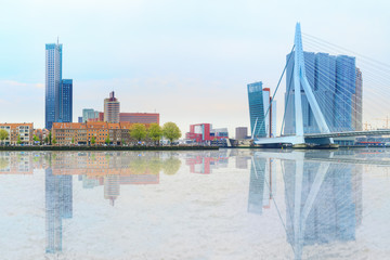Fototapeta premium Erasmus bridge across new meuse, luxor theatre, headquaters of KPN, Montevideo, port center of Rotterdam