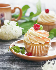 Delicate vanilla cupcakes with cream and raspberries on a dark wooden background