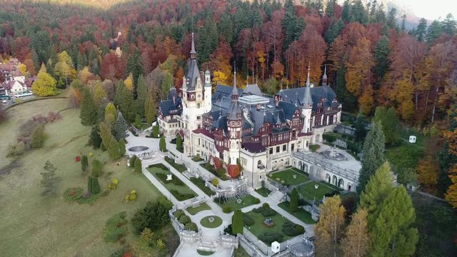 Autumn panorama of the Peles Castle, top view