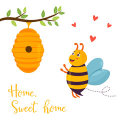 Bright funny cartoon bee and beehive