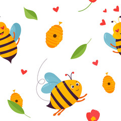 Bright pattern with bees, beehive and elements