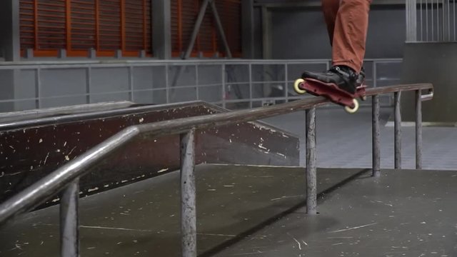 Montage of men on rollers perform tricks in skate park