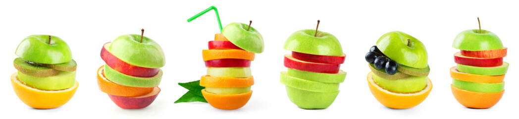 Stack of mixed fruit slices on white background
