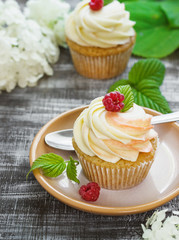 Delicate vanilla cupcakes with cream and raspberries on a dark wooden background