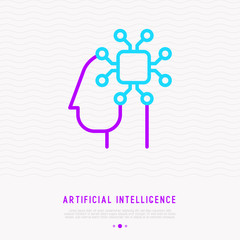 Artificial intelligence or machine learning thin line icon, chip in head. Modern vector illustration.