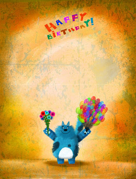 Birthday Card Blue Spotted Cat With Flowers And Colorful Balloons