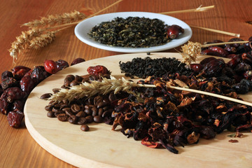 Coffee beans and herbal tea