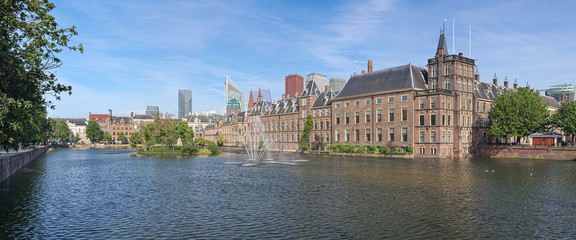 Panoramic view of Hofvijver Pond (Court Pond) with Binnenhof complex in The Hague, Netherlands