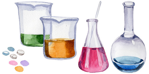 Beakers clinic pharmacy set. Hospital ambulance emergency chemistry element. Science treatment medicament therapy. Doctor medical laboratory.