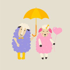 Cute sheep in love with heart balloon