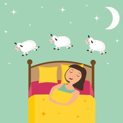 Counting girl to fall asleep vector illustration.