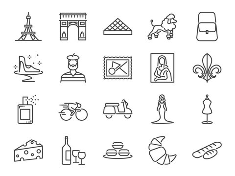 France travel icon set. Included the icons as French toast, landmarks, The Eiffel Tower, baguettes, Paris fashion, Brand name, Poodle dog, attractions and more