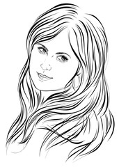 Graphic portrait of a young beautiful girl with a cute smile and long hair. Vector illustration