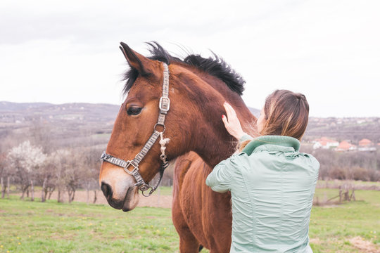 Beautiful young woman on the ranch bonding with a brown horse.
