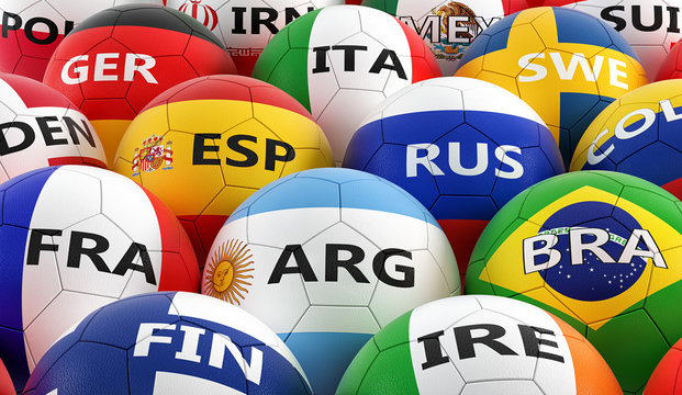 soccer balls colored in different national flag colors - 3D rendering 