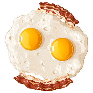 Яичница из двух яиц с беконом, изолированная векторная иллюстрация на белом фоне