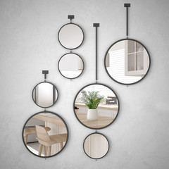Round mirrors hanging on the wall reflecting interior design scene, minimalist white kitchen, modern architecture