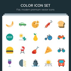 Fototapeta premium Modern Simple Set of transports, food, nature, drinks Vector flat Icons. ..Contains such Icons as breakfast, green, vessel, cycle, drink and more on dark background. Fully Editable. Pixel Perfect