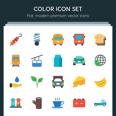 Modern Simple Set of transports, food, nature, drinks Vector flat Icons. ..Contains such Icons as  spice, banana,  transport,  dairy,  energy and more on dark background. Fully Editable. Pixel Perfect
