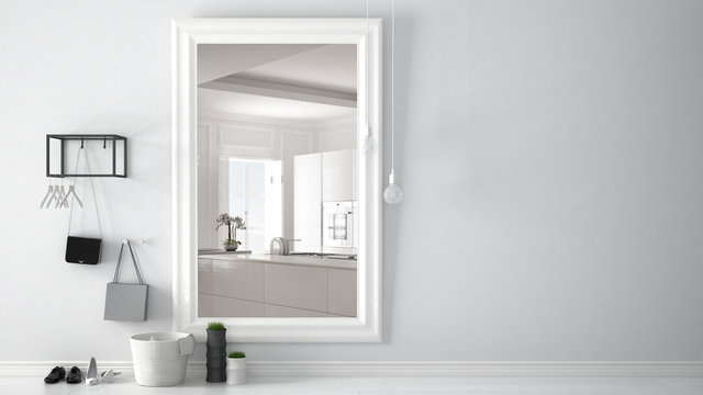 Scandinavian entrance lobby hall with mirror reflecting bright kitchen with big window, minimalist white interior design