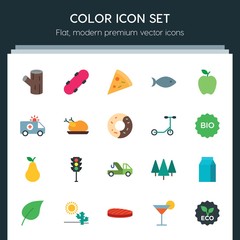 Modern Simple Set of transports, food, nature, drinks Vector flat Icons. ..Contains such Icons as  stop,  floral, wood,  food, plant,  salami and more on dark background. Fully Editable. Pixel Perfect