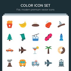 Modern Simple Set of transports, food, nature, drinks Vector flat Icons. ..Contains such Icons as  motion,  potato, train,  summer,  volcanic and more on dark background. Fully Editable. Pixel Perfect