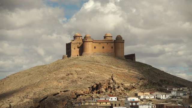 Calahorra castle passing clouds high contrast light small town Spain.mov