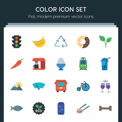 Modern Simple Set of transports, food, nature, drinks Vector flat Icons. ..Contains such Icons as  ecology,  can,  wiper,  glass,  fish,  eco and more on dark background. Fully Editable. Pixel Perfect