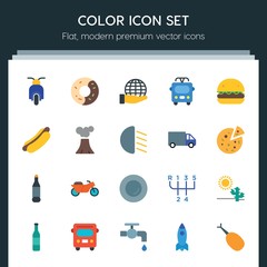 Modern Simple Set of transports, food, nature, drinks Vector flat Icons. ..Contains such Icons as  transportation,  donut,  sweet,  bottle and more on dark background. Fully Editable. Pixel Perfect