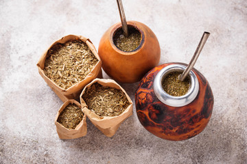 Yerba mate tea with calabash and bombilla.