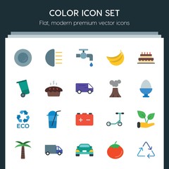 Modern Simple Set of transports, food, nature, drinks Vector flat Icons. ..Contains such Icons as  coffee,  ripe, palm, recycle,  tomato, car and more on dark background. Fully Editable. Pixel Perfect