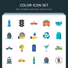 Modern Simple Set of transports, food, nature, drinks Vector flat Icons. ..Contains such Icons as  symbol, alcohol,  water,  ship,  side, car and more on dark background. Fully Editable. Pixel Perfect