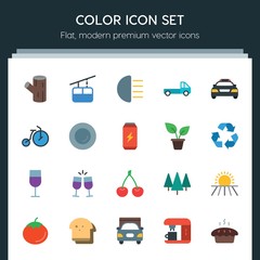 Modern Simple Set of transports, food, nature, drinks Vector flat Icons. ..Contains such Icons as  transportation, train,  loaf, agriculture and more on dark background. Fully Editable. Pixel Perfect