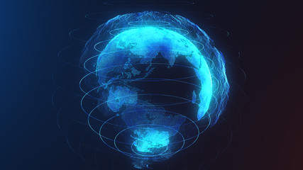Futuristic digital earth and spins with network nodes connecting and circling the globe. Modern digital age, global connectivity and distributed cryptocurrency blockchain concept. Ultra HD