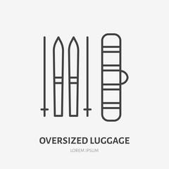 Oversized luggage set flat line icon. Ski package sign. Thin linear logo for airport baggage rules.