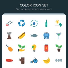 Modern Simple Set of transports, food, nature, drinks Vector flat Icons. ..Contains such Icons as  room,  ecology,  salmon,  recycling, wood and more on dark background. Fully Editable. Pixel Perfect