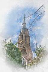 New Church in Delft, Netherlands, digital watercolor illustration
