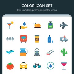 Modern Simple Set of transports, food, nature, drinks Vector flat Icons. ..Contains such Icons as  alcohol,  city,  nature,  salmon, water and more on dark background. Fully Editable. Pixel Perfect