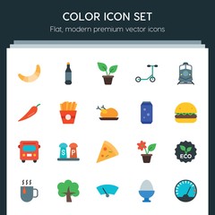 Modern Simple Set of transports, food, nature, drinks Vector flat Icons. ..Contains such Icons as  spice,  white,  windshield, croissant, cup and more on dark background. Fully Editable. Pixel Perfect