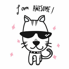 I am awesome cat wear sun glasses cartoon vector illustration doodle style