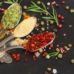 Spices and herbs. Variety, herbs on a wooden surface. Food background