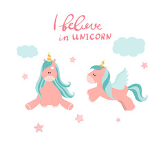 Cute cartoon unicorns with clouds and stars isoated on white background.