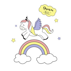 Cute unicorn with rainbow and cloud with text- Dream Big.