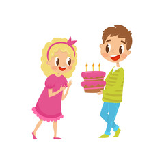 Cute little kids at party, boy holding birthday cake cartoon vector Illustration on a white background