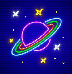 Saturn planet with rings in space. Neon sign. Stars made