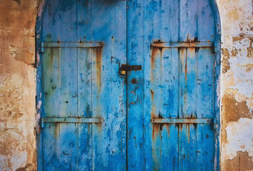 Old blue wooden rustic painted door in the countryside with metal hinges with rust