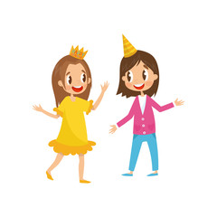 To cute girls in party hats having fun at birthday party cartoon vector Illustration on a white background