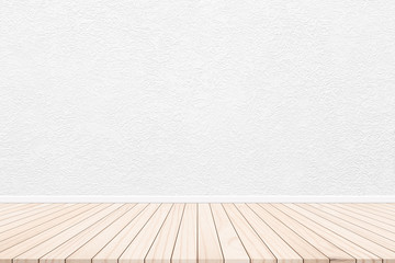 Wood terrace with Cement wall background texture in soft cream tone. Design Concepts